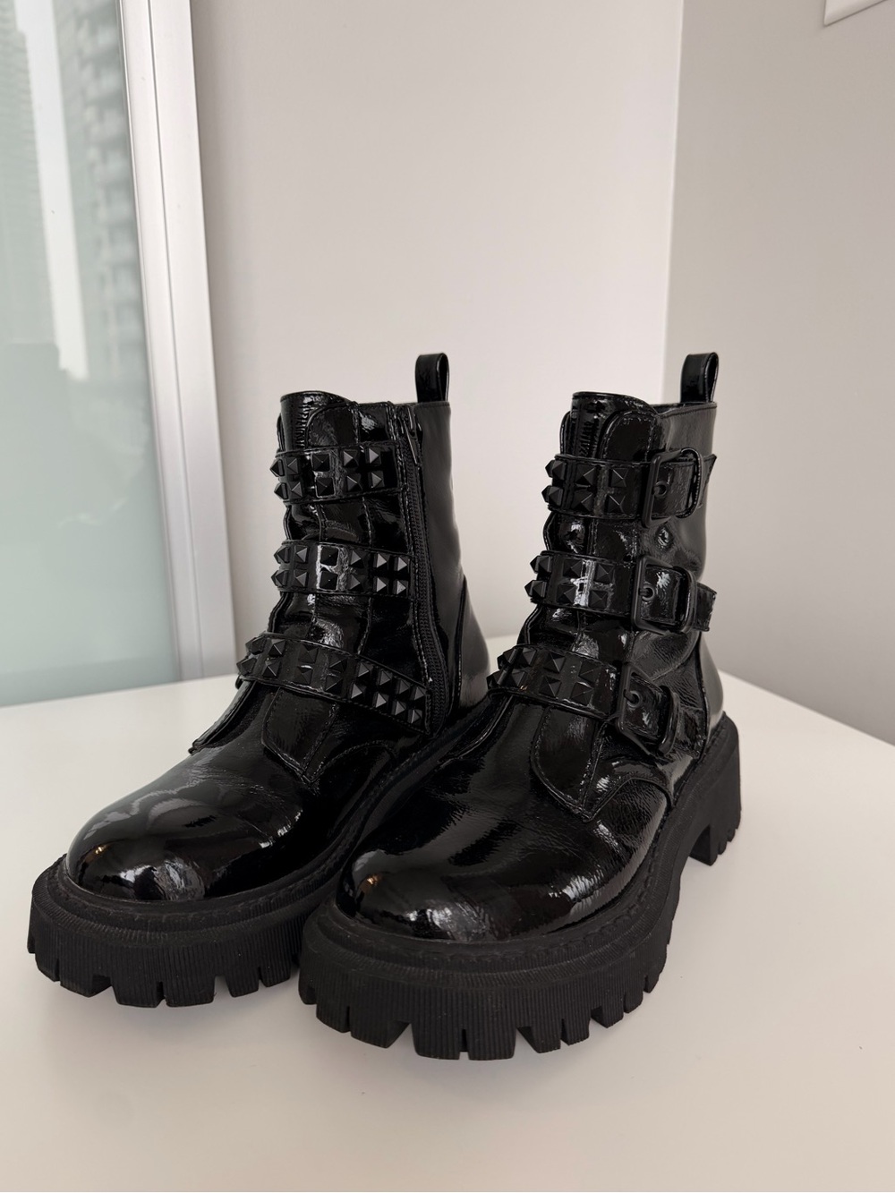 Call It Spring Black Patent Studded Lug Combat Boots